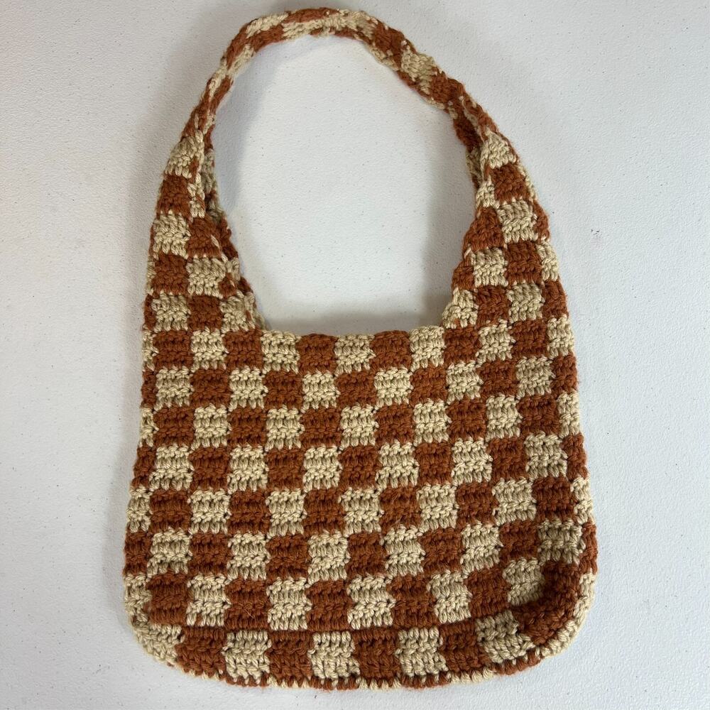 Crochet Unisex Brown Tote Shoulder Bag Checkered Unlined Handmade